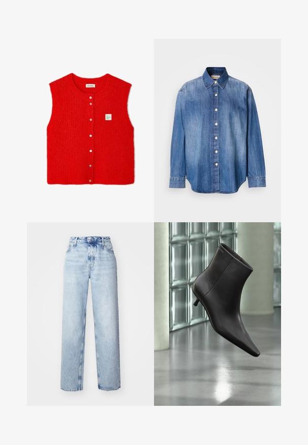 American Vintage EAST - Strickjacke - piment chine; Denim Knopfhemd, hellblaue Farbe, lange Ärmel, klassischer Kragen, Vorderknöpfe und leicht abgerundeter Saum. Glatte Textur.; Hellblaue High-Waist-Jeans mit lockerer Passform, geradem Bein, fünf Taschen und klassischem Knopf- und Reißverschluss.; Schwarzer Leder-Knöchelstiefel mit spitzer Spitze und kleinem Absatz vor einer Wand aus Glasbausteinen und einem polierten Boden.