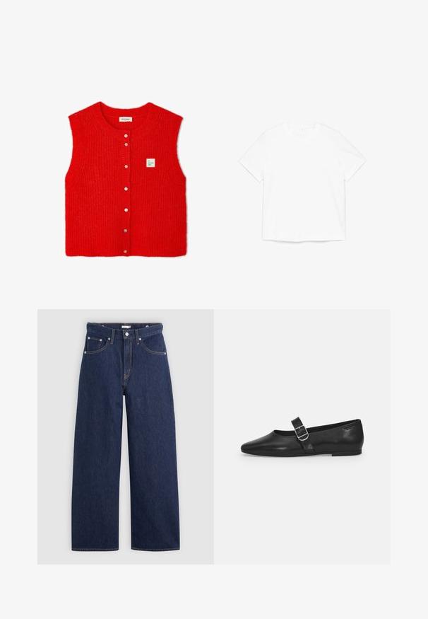 American Vintage EAST - Kardigan - piment chine; Puhas valge lühikeste varrukatega ümarakaelusega T-särk, mis on tasapinnale laotatud valgel taustal.; Tumedat sinised denimsirged püksid kõrge vöökohaga, viie taskuga, vöökonksudega ja vaskkangast detailidega. Sile tekstuur.; Must värvi nahast tasased kingad ümarate varvastega, ühe reguleeritava paelaga ja siledat, läikivat pinda. Minimalistlik disain madala kontsaga.