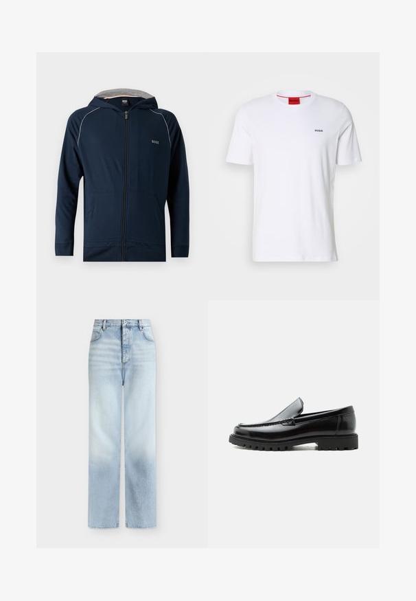 Sudadera con capucha azul marino con cremallera, forro interior gris, bolsillos delanteros, sutil ribete blanco en los hombros y logo "BOSS" en el pecho.; Camiseta de algodón blanca de mangas cortas, con un escote redondo y pequeño logo negro "HUGO" en el lado izquierdo del pecho. Presenta una etiqueta en el cuello interior de color rojo.; Vaqueros azul claro de talle alto y pierna recta con bolsillos delanteros, trabillas para cinturón y cierre de botón.; Mocasín de cuero negro con suela de goma gruesa, empeine cosido y nombre de la marca en relieve en el talón, mostrado en perfil lateral sobre fondo blanco.