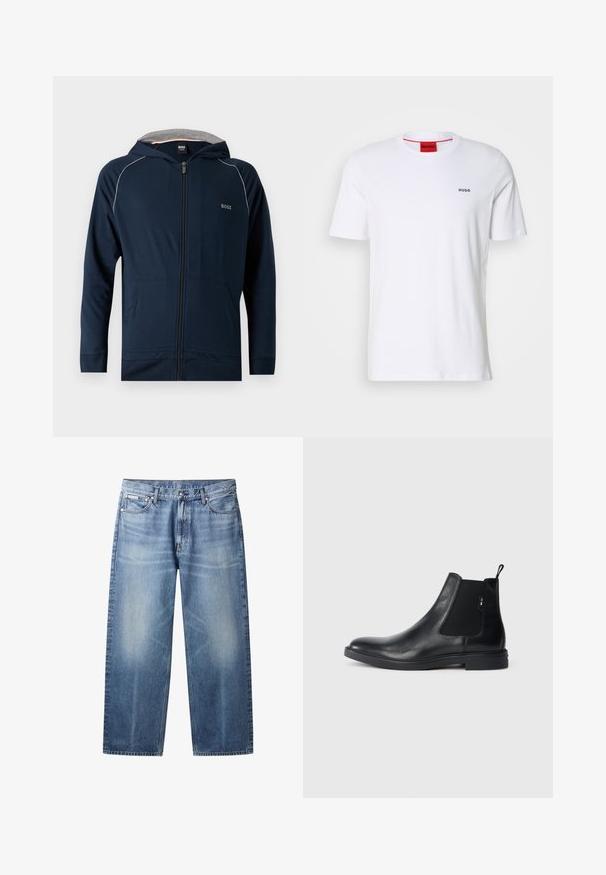 Marineblauwe zip-up hoodie met grijze binnenvoering in de capuchon, frontzakken, subtiele witte bies op de schouders en het "BOSS"-logo op de borst.; Witte katoenen t-shirt met korte mouwen, een ronde halslijn en een klein zwart "HUGO" logo op de linkerkant van de borst. Voorzien van een rood etiket aan de binnenkant van de hals.; Lichtblauwe rechte jeans met vervaagde plekken, vijf zakken, knoopsluiting en Calvin Klein-label op de rechter voorzak.; Zwarte leren Chelsea-boots met elastische zijpanelen, een treklipje en een vlakke rubberen zool. Gladde textuur met minimale details.