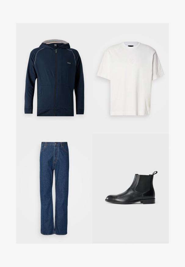 Sudadera con capucha azul marino con cremallera, forro interior gris, bolsillos delanteros, sutil ribete blanco en los hombros y logo "BOSS" en el pecho.; Camiseta de algodón blanca con cuello redondo, mangas cortas y logo circular en relieve en el lado izquierdo del pecho. Textura suave y corte regular.; Jeans de denim azul con un diseño de pierna recta, que cuentan con una bragueta de botones, cinco bolsillos y costuras de contraste a lo largo de las costuras.; Botín negro de cuero hasta el tobillo con paneles elásticos a los lados, punta redondeada y lengüeta. Textura suave, suela plana, diseño minimalista.