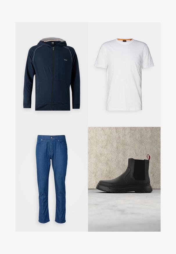 Mørkeblå hættetrøje med lynlås, gråt inderfor i hætten, forlommer, diskret hvid piping på skuldrene og "BOSS" logo på brystet.; Hvid bomulds T-shirt med rund hals, korte ærmer og et subtilt præget logo på brystet. Indvendigt mærke har en orange detalje.; Blå denimbukser med lige ben-design, frontlommer og enkelt knaplukning. Glat tekstur med minimal detaljering.; Sort ankelstøvle med en glat overflade, elastiske sidepaneler og en kontrasterende rød træksløjfe, der har en tyk gummisål og rund tå.