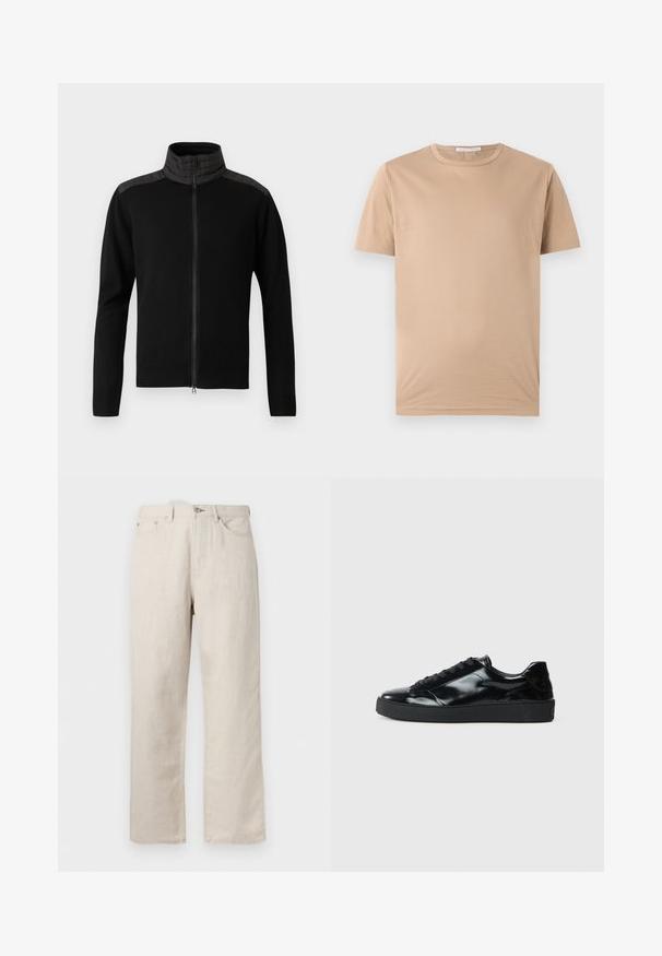 Sort zip-jakke med høj krave, der har teksturerede sorte skulderpaneler samt ribbede manchetter og kant. Glat stoffinish hele vejen igennem.; Beige t-shirt med korte ærmer og rund halsudskæring, med en lige kant og et lille mærke indeni kraven.; Beige denimjeans med lige ben, fem lommer, bæltestropper og lukning foran med knap og lynlås.; Sorte laklæder sneakers med rund tå, snørredesign, tekstureret gummisål og en glat overflade.