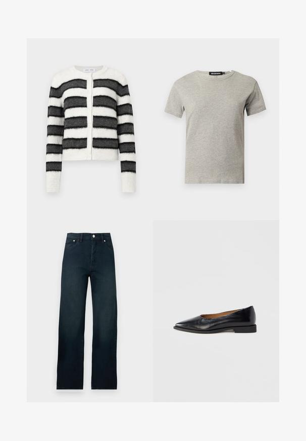Gilet rayé en tissu doux et texturé. Présente des rayures horizontales noires et blanches alternées, un col rond et une fermeture à boutons.; T-shirt en coton gris clair à manches courtes et col rond avec une étiquette noire visible à l'intérieur du col indiquant "DENIM" et la taille "S."; Jean denim bleu foncé taille haute, jambe droite, avec bouton devant et poches, présenté sur fond blanc uni.; Chaussure plate en cuir noir avec un bout pointu et un petit talon carré. Texture lisse, design minimaliste, sans éléments métalliques visibles ni motifs.