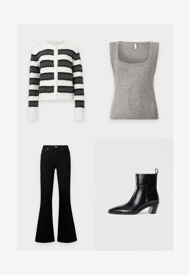 Gilet rayé en tissu doux et texturé. Présente des rayures horizontales noires et blanches alternées, un col rond et une fermeture à boutons.; Débardeur gris sans manches en maille côtelée avec un décolleté carré et une silhouette ajustée, présentant une texture lisse et une légère élasticité.; Jean noir évasé à taille haute, avec passants pour ceinture, fermeture à bouton sur le devant, et design classique à cinq poches. Texture denim lisse.; Bottine en cuir noir avec un bout pointu, un talon empilé géométrique et une languette à l'arrière. Texture lisse et design épuré.