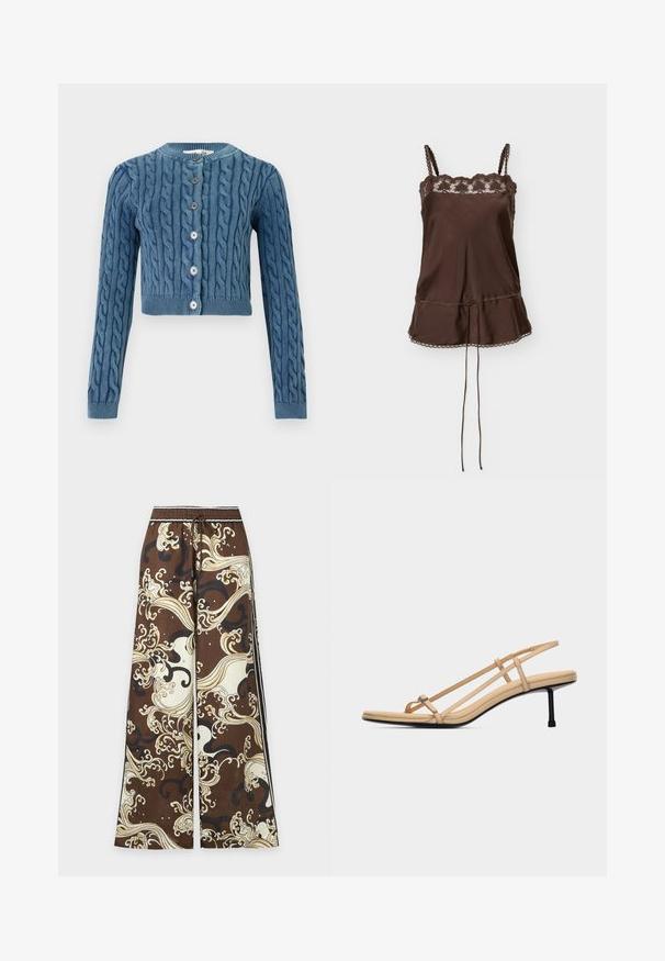 Strikket blå cropped cardigan med kabelmønster, rund halsudskæring og fem knaplukninger. Lange ærmer med ribbede manchetter og bund.; Brun satin camisole top med blonder trim ved halsudskæringen, tynde flettede stropper og snørrelukning i taljen med blonderkantet kant.; Brune bredbenede bukser med creme og sorte abstrakte swirl- og bølgemønstre, elastisk taljebånd og snørelukning.; Beige sandal med stropper, tynd tåsløjfe, to sidelommer, slingback-strop, polstret fodseng og slank sort mellemhøj hæl.