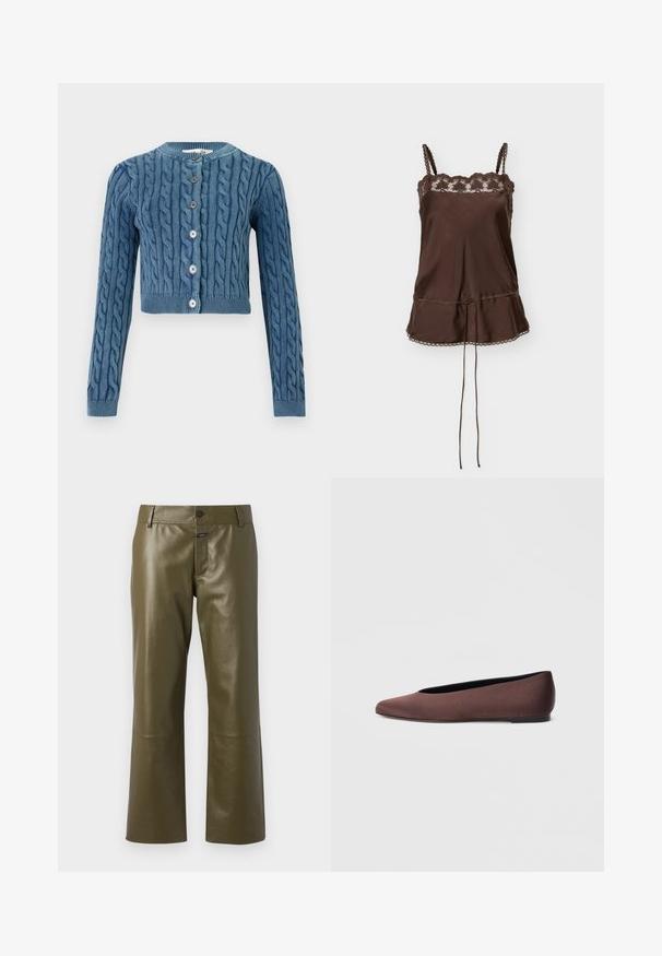 Strikket blå cropped cardigan med kabelmønster, rund halsudskæring og fem knaplukninger. Lange ærmer med ribbede manchetter og bund.; Brun satin camisole top med blonder trim ved halsudskæringen, tynde flettede stropper og snørrelukning i taljen med blonderkantet kant.; CLOSED SERANDON - Skindbukser - marsh green; Brune balletflade sko i stof med spids tå og glat tekstur, med lav hælkappe og tynd sort sål. Ingen synlige mønstre eller beslag.