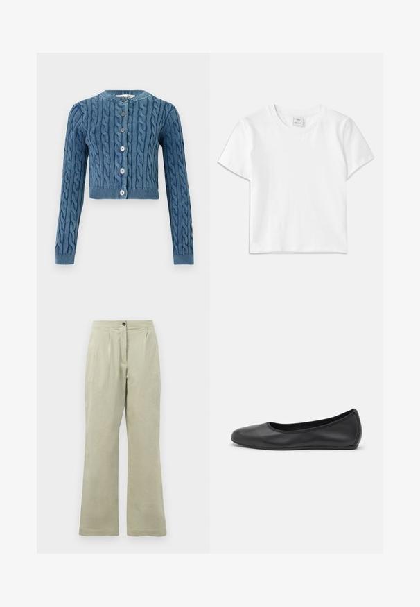 Gebreide blauwe cropped cardigan met een kabelpatroon, ronde halslijn en sluiting met vijf knopen. Lange mouwen met geribde manchetten en zoom.; Witte katoenen t-shirt met een ronde hals, korte mouwen en een rechte zoom. Label met "Won Hundred" aan de voorkant van de halslijn.; Lichtgroene wijde broek van zacht materiaal, met een knoopsluiting aan de voorkant, plooien en een nette zoom.; Zwarte leren ballerina met een ronde neus, gladde textuur, minimale stikdetails en een flexibele zoolontwerp.