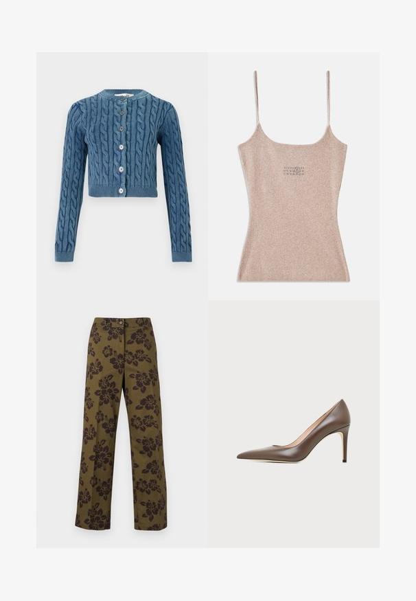 Strikket blå cropped cardigan med kabelmønster, rund halsudskæring og fem knaplukninger. Lange ærmer med ribbede manchetter og bund.; Ribbet, beige top med tynde justerbare stropper. Har en firkantet udskæring og en lille trykt detalje nær midten.; Olivengrøn brede bukser lavet af bomuld, med et mørkt blomstermønster, knaplukning og lige skærem. ; Brun læder peptået højhælet sko med en slank stilethæl og glat finish på en lys baggrund.