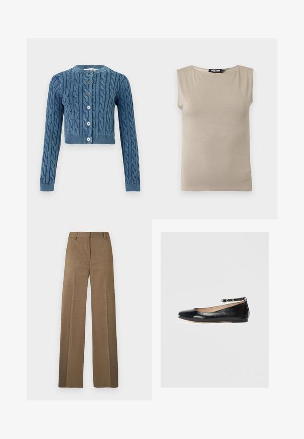 Gebreide blauwe cropped cardigan met een kabelpatroon, ronde halslijn en sluiting met vijf knopen. Lange mouwen met geribde manchetten en zoom.; Beige mouwloze katoenen top met brede schouderbanden en ronde halslijn, maat medium, plat gelegd op een witte achtergrond.; Bruine, op maat gemaakte rechte broek met riemlussen en een voorplooi op een lichtgrijze achtergrond.; Zwarte leren ballerina met een ronde neus, enkelbandje en lage hak. Glad textuur en minimalistisch ontwerp.