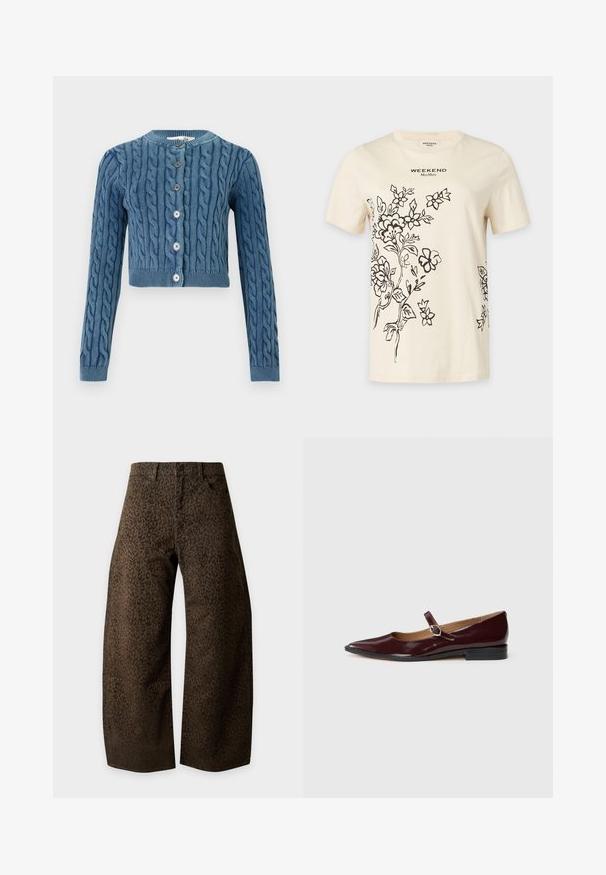 Gebreide blauwe cropped cardigan met een kabelpatroon, ronde halslijn en sluiting met vijf knopen. Lange mouwen met geribde manchetten en zoom.; Crèmekleurig T-shirt met korte mouwen, zwarte bloemrijke lijntekeningen en "WEEKEND MaxMara" tekst gecentreerd vlak bij de halslijn.; Broek met hoge taille en wijde pijpen met een donkerbruine en zwarte luipaardprint en voorzakken op een effen lichte achtergrond.; Bordeaux patentleren Mary Jane ballerina's met een spitse neus, platte hak en een decoratieve band met een ronde gespaccent.