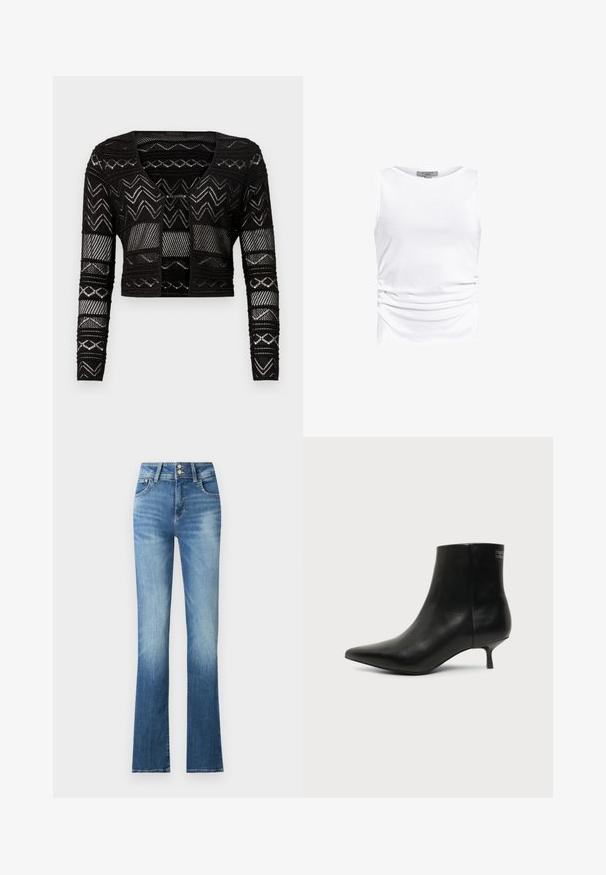 Zwarte cropped cardigan met een gehaakt ontwerp en geometrische patronen, lange mouwen en een V-hals. Gemaakt van een lichtgewicht, gestructureerde stof.; Witte mouwloze top gemaakt van zachte stof, met zijkanten in ruches, een ronde halslijn en naadloze stiksels voor een gladde textuur.; Blauwe denim flared jeans met een hoge taille, voorzien van lichte vervaging, twee knopen en zijzakken. De stof heeft een gladde textuur.; Zwart leren enkellaars met puntige neus en lage kittenhak op lichte achtergrond, zijaanzicht buitenkant.