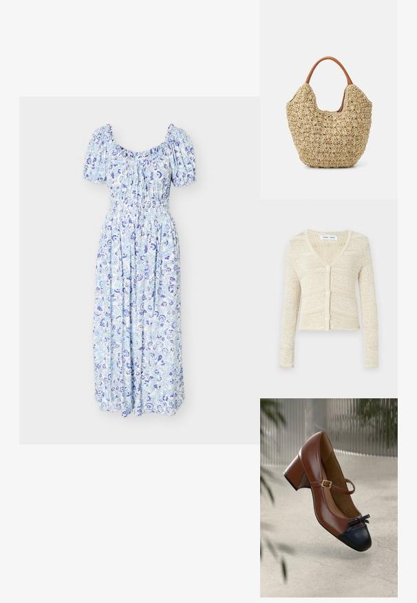 Strikket cardigan i beige med V-hals, lange ærmer og fem-knaps lukning. Har et tekstureret mønster og cropped design.; Blå og hvid blomster-midi-kjole med puffede ærmer, elastisk halsudskæring og tætsiddende talje.; Brun læder Mary Jane-hæl med sort tåhætte, sort sløjfe, guldbeslået strop og blokhæl på lys tekstureret gulv.; Vævet stråtasker med en naturlig tekstur og en blød, organisk form, der har brune læderhåndtag for nem bæring.