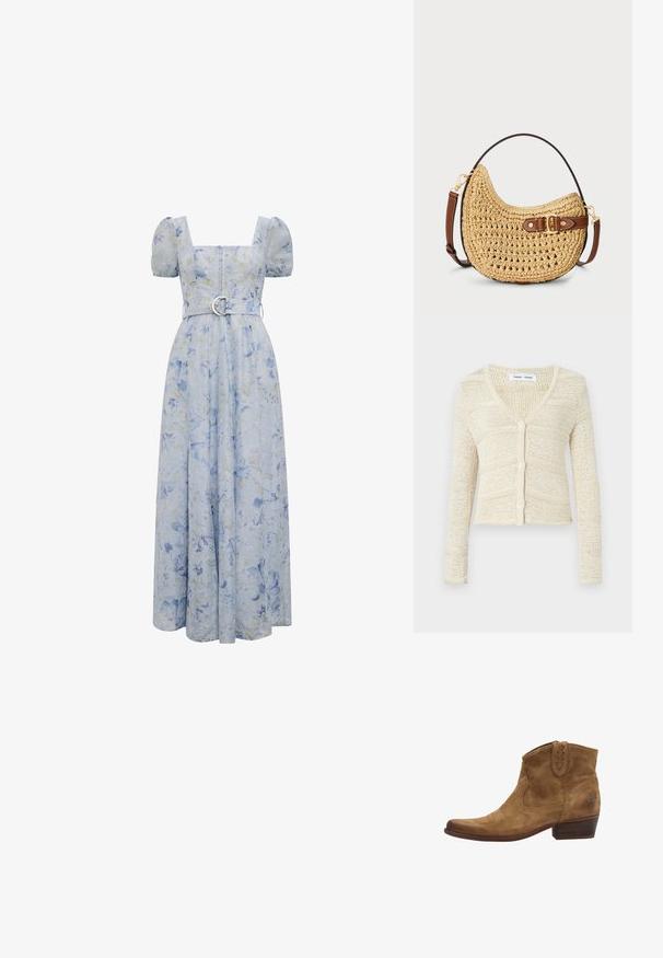 Strikket cardigan i beige med V-hals, lange ærmer og fem-knaps lukning. Har et tekstureret mønster og cropped design.; Lyseblå blomster maxi-kjole med pufærmer, firkantet halsudskæring og bælte med rund sølvspænde i taljen.; Brune ruskind ankelstøvler med spidse tæer, pyntesyninger og en kort stablet hæl. Sidestræk for nem påtagning.; Vævet halmmulesæk med en buet form, brunt læderstrop med spænde og en naturlig tan farve. Tekstureret overflade med synlige sting.