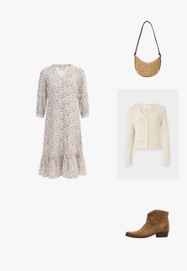 Strikket cardigan i beige med V-hals, lange ærmer og fem-knaps lukning. Har et tekstureret mønster og cropped design.; Blomstret kjole i let stof med trekvartærmer, V-udskæring og en flagrende sømkant med rynkede detaljer forneden.; Brune ruskind ankelstøvler med spidse tæer, pyntesyninger og en kort stablet hæl. Sidestræk for nem påtagning.; Halvmåneformet flettet halmlignende taske med brun justerbar skulderrem og guldfarvede metaldekorationer på hvid baggrund.