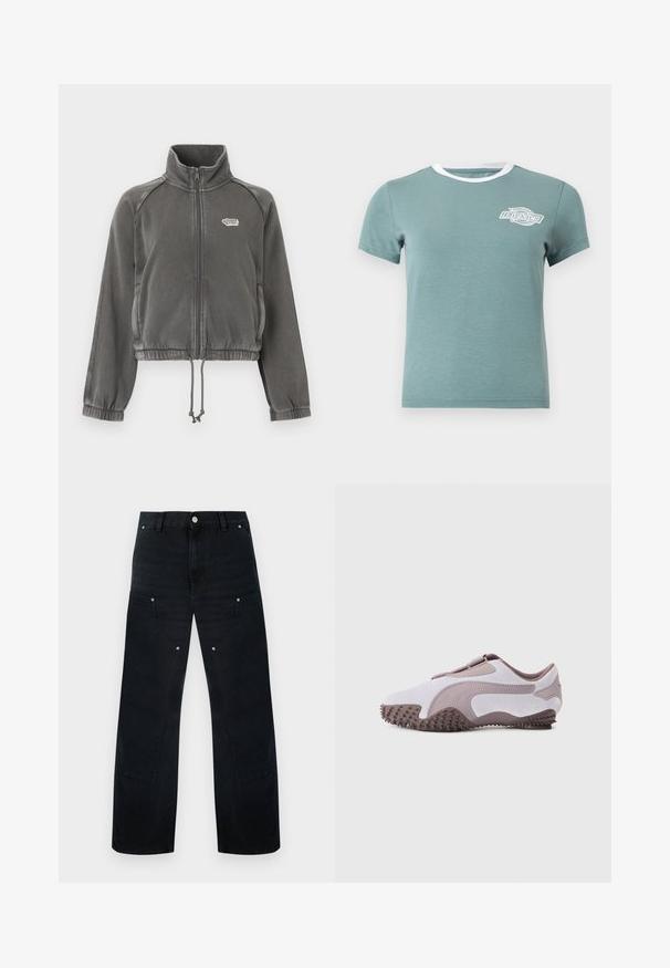 Veste zippée en polaire gris foncé avec col montant, poignets élastiques, ourlet avec cordon de serrage et petit logo blanc sur le côté gauche de la poitrine.; T-shirt à manches courtes couleur sarcelle avec col rond bordé de blanc et petit logo Dickies blanc sur la poitrine gauche.; Pantalon en denim noir à jambes larges avec une taille haute, présentant des coutures discrètes, deux poches avant et des accents de ferrures métalliques.; Chaussure de sport gris clair avec une tige en daim souple, une semelle en caoutchouc dotée de pointes texturées et un design flexible. Logo latéral dans une teinte plus foncée.