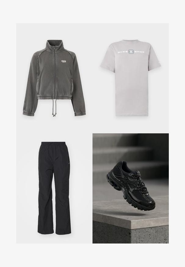 Veste zippée en polaire gris foncé avec col montant, poignets élastiques, ourlet avec cordon de serrage et petit logo blanc sur le côté gauche de la poitrine.; T-shirt en coton gris clair avec col rond et manches courtes, arborant l'inscription "NIKE SHOX" en lettres blanches majuscules sur la poitrine.; Pantalons noirs légers avec une taille élastique et un cordon de serrage. Présentent une finition texturée et un petit logo réfléchissant sur le côté.; Chaussure de course noire Nike avec tige en mesh et synthétique flottant au-dessus d'une surface en béton avec des marches en arrière-plan.