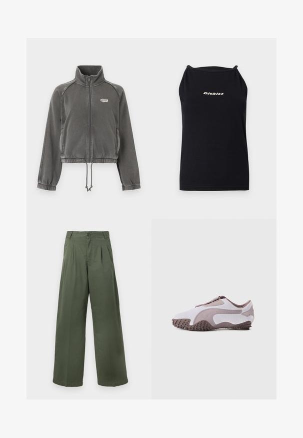 Veste zippée en polaire gris foncé avec col montant, poignets élastiques, ourlet avec cordon de serrage et petit logo blanc sur le côté gauche de la poitrine.; Haut noir sans manches avec bretelles fines et "Dickies" imprimé en beige, centré sur la poitrine, sur un fond clair uni.; Pantalon large vert en coton, doté d'une fermeture à boutons, de plis à l'avant, d'une texture lisse et d'un ourlet droit.; Chaussure de sport gris clair avec une tige en daim souple, une semelle en caoutchouc dotée de pointes texturées et un design flexible. Logo latéral dans une teinte plus foncée.