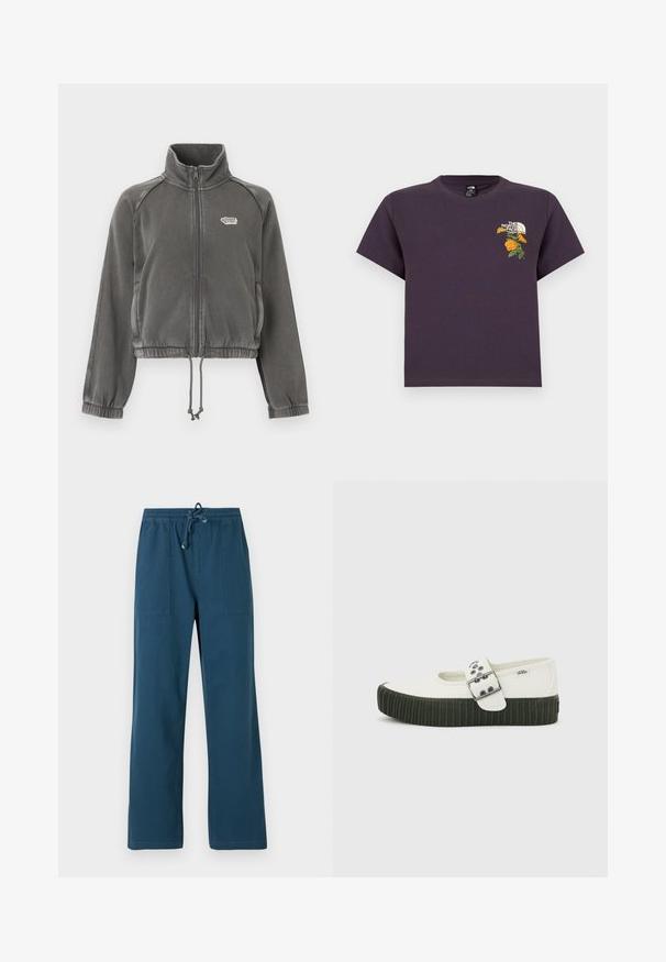 Veste zippée en polaire gris foncé avec col montant, poignets élastiques, ourlet avec cordon de serrage et petit logo blanc sur le côté gauche de la poitrine.; T-shirt en coton violet à col rond, orné d'un motif floral brodé et d'un logo sur le côté gauche de la poitrine. Manches courtes, coupe décontractée.; Pantalon bleu marine à jambes droites avec taille élastique et cordon de serrage, doté de deux poches plaquées à l'avant.; Chaussure Mary Jane blanche Vans avec semelle épaisse noire côtelée et large bride à boucle argentée sur fond gris uni.
