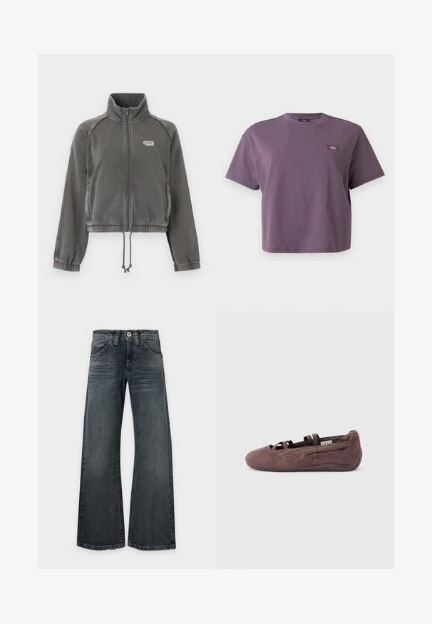 Veste zippée en polaire gris foncé avec col montant, poignets élastiques, ourlet avec cordon de serrage et petit logo blanc sur le côté gauche de la poitrine.; T-shirt violet court à manches courtes avec col rond et petit patch logo rectangulaire sur la poitrine gauche.; Jean large à jambe évasée, lavage foncé, avec léger délavé sur les cuisses, design classique à cinq poches et coutures apparentes, posé à plat sur fond blanc.; Ballerine plate en suède marron avec des lanières élastiques et une semelle texturée, vue de profil sur un fond clair uni.