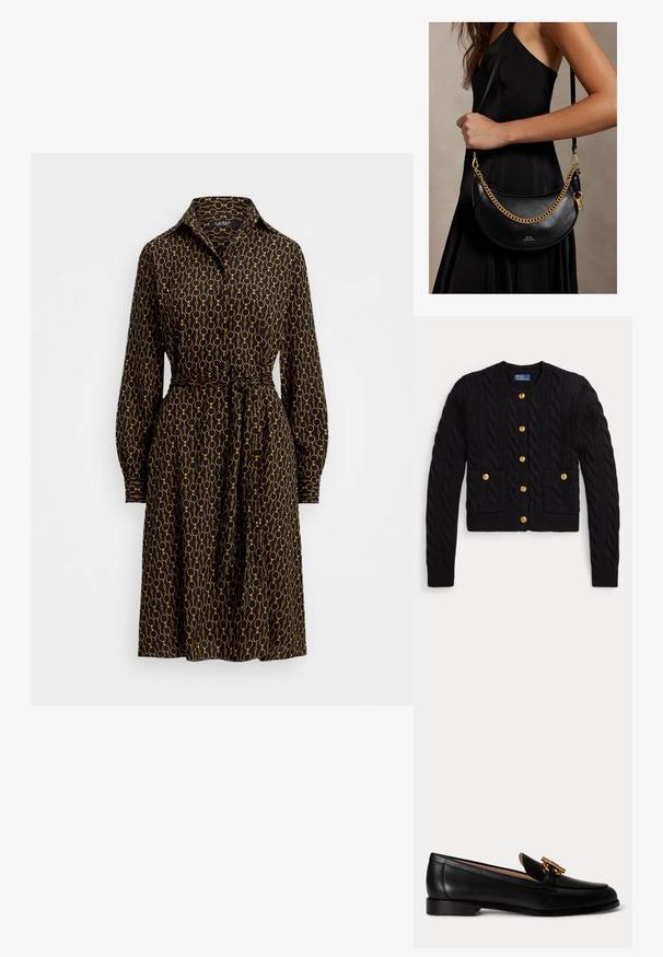 Sort kabelstrikket cardigan med guldknapper foran og på to forlommer, med ribbet rund halsudskæring og manchetter.; Sort skjortekjole med krave, prydet med et guld cirkulært mønster, lange ærmer med manchetter og et selvbindende bælte i taljen.; Sort læderloafer med lav hæl og guldfarvet metalspænde på toppen, vist fra siden på hvid baggrund.; Kvinde i en sort kjole, der holder en sort læderhåndtaske i halvmåneform med en guldkæde og rem over skulderen.