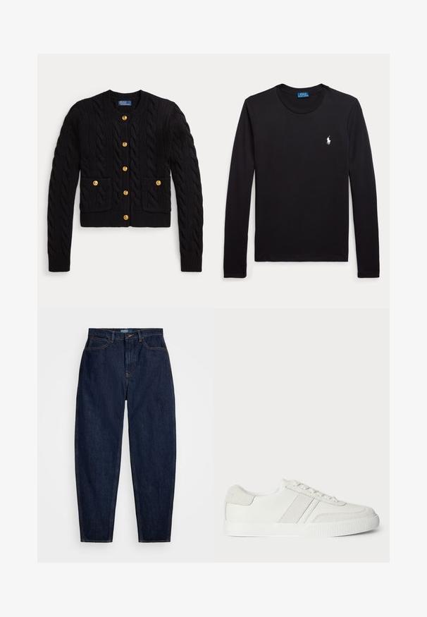 Cárdigan negro de punto trenzado con botones dorados en la parte delantera y en dos bolsillos frontales, con cuello redondo de canalé y puños.; Camiseta negra de manga larga con cuello redondo y pequeño logo blanco del caballo Polo Ralph Lauren en el pecho izquierdo.; Vaqueros de denim azul oscuro con un corte recto, que presentan costuras naranjas, un cierre frontal con botón y cinco bolsillos.; Zapatilla blanca con parte superior de cuero liso, acentos de ante y cordones planos. Presenta una suela de goma texturizada y un diseño minimalista.