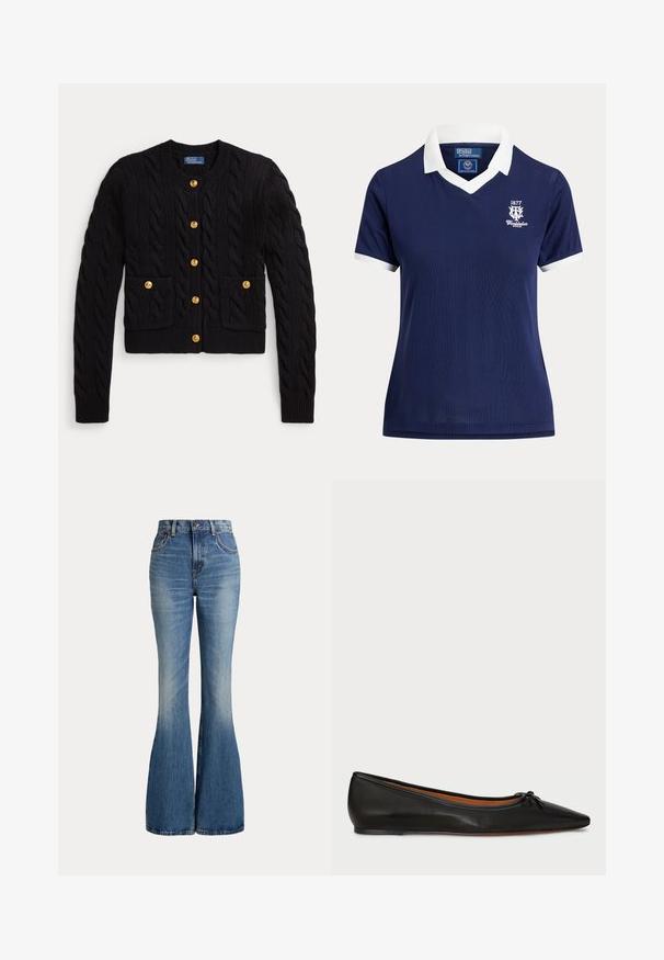 Cárdigan negro de punto trenzado con botones dorados en la parte delantera y en dos bolsillos frontales, con cuello redondo de canalé y puños.; Polo azul marino de manga corta con cuello y puños blancos, logo de Wimbledon 1877 en el pecho izquierdo, de Polo Ralph Lauren.; Vaqueros de mezclilla azul de talle alto con piernas acampanadas y ligero desgaste en la zona delantera del muslo, mostrados sobre fondo blanco.; Bailarina de cuero negro con punta afilada, silueta delgada y un pequeño lazo en la parte frontal. Textura lisa y diseño minimalista.