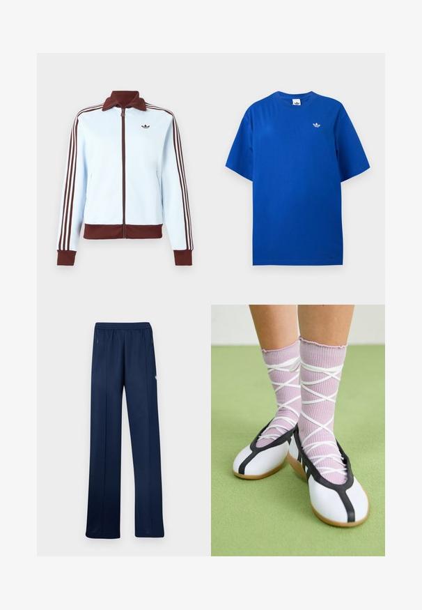 Casaco azul-claro com fecho de correr, gola castanha, punhos, barra e três riscas castanhas em cada manga, com um pequeno logótipo castanho no peito.; T-shirt azul Adidas de manga curta com decote redondo e pequeno logo branco Adidas trefoil no lado esquerdo do peito.; Calças de fato de treino azul marinho com cós elástico, bolsos laterais com fecho, corte direito e pequeno logótipo branco na coxa direita.; Pernas com meias lavanda caneladas com alças brancas cruzadas, combinadas com sapatilhas brancas com acabamento preto num chão verde.