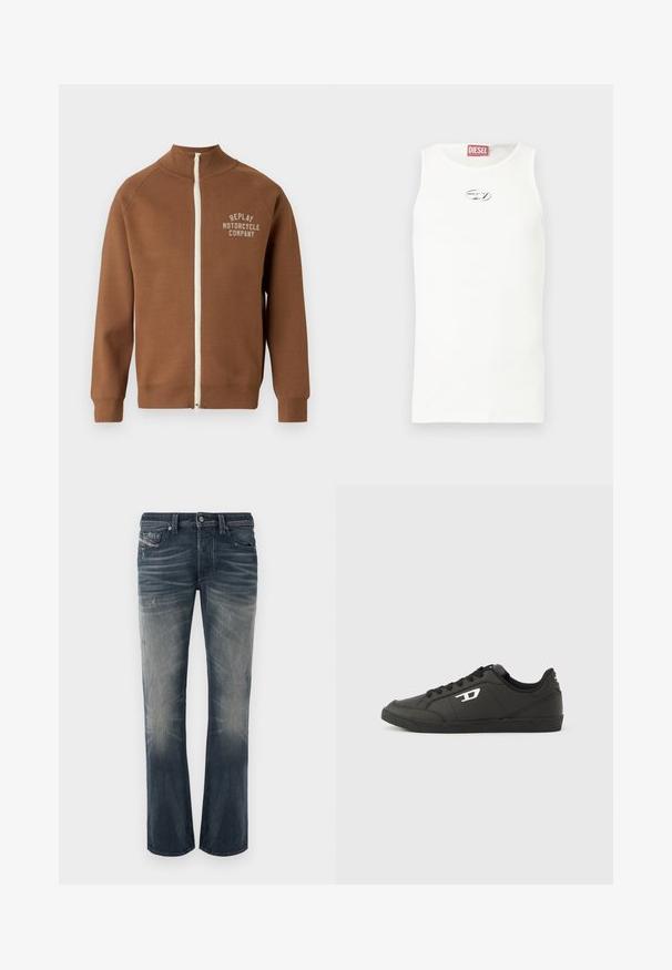 Chaqueta marrón con cremallera y cuello alzado, que presenta una cremallera crema y el logo "REPLAY MOTORCYCLE COMPANY" en beige claro en el pecho.; Camiseta blanca sin mangas hecha de tela suave, con un pequeño logo plateado en el pecho y una etiqueta roja en el cuello.; Vaqueros de pierna recta en denim azul oscuro lavado claro con secciones desteñidas, sutiles arrugas y detalles desgastados. Cierre con botones y cinco bolsillos.; Zapatillas deportivas negras sintéticas con suela negra texturizada, puntera redonda y cordones planos negros. Destaca un logo blanco en el lateral exterior.