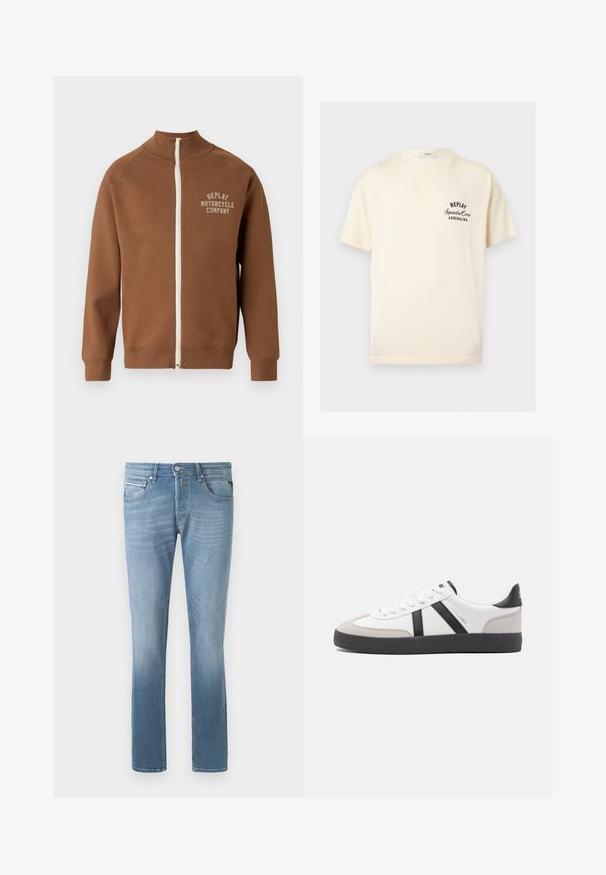 Chaqueta marrón con cremallera y cuello alzado, que presenta una cremallera crema y el logo "REPLAY MOTORCYCLE COMPANY" en beige claro en el pecho.; Camiseta de manga corta de color crema con texto negro "REPLAY Squadra Corse ADRENALINA" en el pecho izquierdo y cuello redondo.; Jeans de denim azul claro con corte recto, que cuentan con cinco bolsillos, un botón frontal y un ligero desvanecimiento cerca de las rodillas y los muslos.; Zapatilla blanca con acentos en negro y gris, que presenta una puntera texturizada en gris, suela de goma negra y cordones planos blancos. Diseño limpio, estilo minimalista.