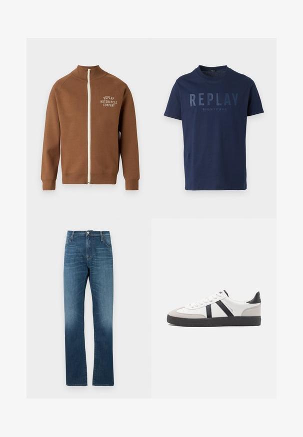 Chaqueta marrón con cremallera y cuello alzado, que presenta una cremallera crema y el logo "REPLAY MOTORCYCLE COMPANY" en beige claro en el pecho.; Camiseta azul marino de manga corta con cuello redondo, con grandes letras "REPLAY" y texto más pequeño "EIGHTYONE" en el pecho.; Vaqueros de denim en azul medio con un lavado desgastado. Presenta cinco bolsillos, cierre de botón y un diseño de pierna recta. Textura suave.; Zapatilla blanca con acentos en negro y gris, que presenta una puntera texturizada en gris, suela de goma negra y cordones planos blancos. Diseño limpio, estilo minimalista.