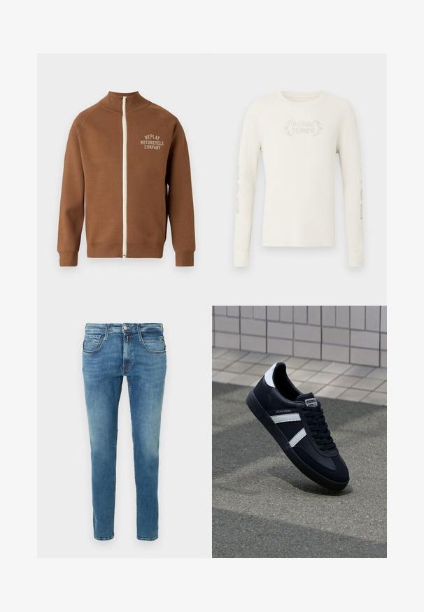 Chaqueta marrón con cremallera y cuello alzado, que presenta una cremallera crema y el logo "REPLAY MOTORCYCLE COMPANY" en beige claro en el pecho.; Camiseta de manga larga color crema con tejido acanalado y "DODGE DEMON" bordado en el frente, con gráficos impresos en la manga derecha. Textura suave.; Vaqueros de mezclilla en azul claro con diseño de pierna recta. Cuenta con cinco bolsillos, cierre de botones y costuras en contraste a lo largo de las costuras.; Zapatilla de cuero negra con rayas blancas, suela de goma texturizada y parte frontal con cordones. Cuenta con una etiqueta de marca en la lengüeta.