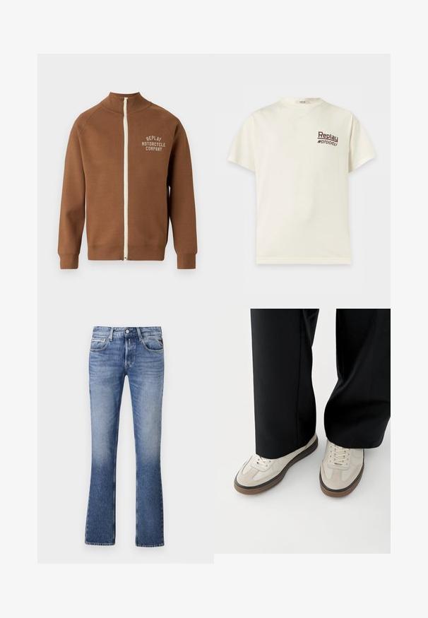 Chaqueta marrón con cremallera y cuello alzado, que presenta una cremallera crema y el logo "REPLAY MOTORCYCLE COMPANY" en beige claro en el pecho.; Camiseta de manga corta color crema con cuello redondo y "Replay Motocicli" impreso en pequeñas letras oscuras en el pecho izquierdo.; Vaqueros de mezclilla azul claro con un diseño de pierna acampanada, que cuentan con cinco bolsillos, un cierre delantero de botón y un ligero desgaste en toda la prenda.; Pies con zapatillas beige con suelas marrones y pantalones negros de pierna ancha sobre un fondo blanco.