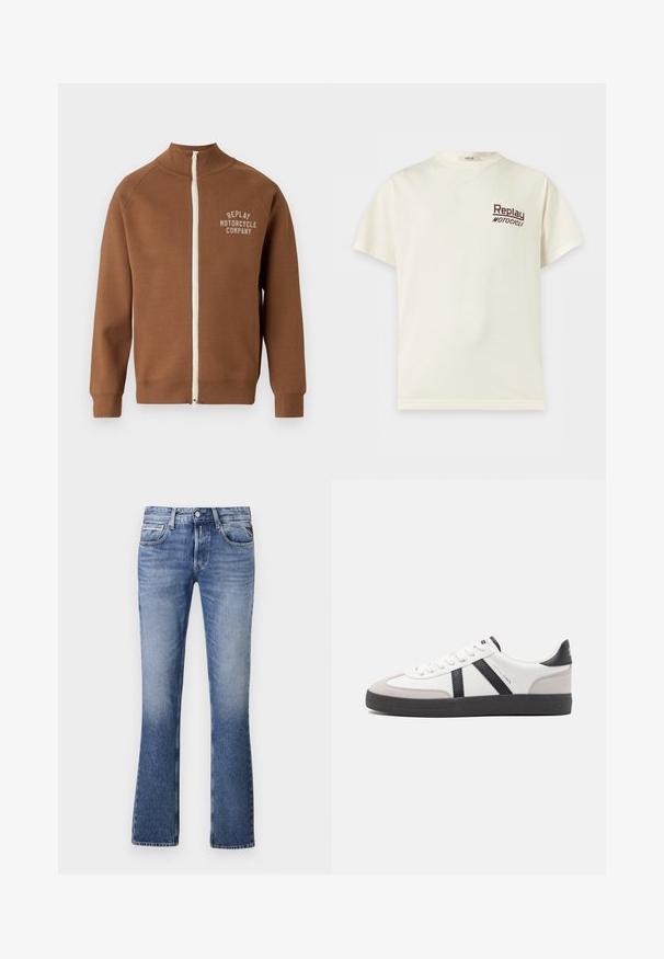 Chaqueta marrón con cremallera y cuello alzado, que presenta una cremallera crema y el logo "REPLAY MOTORCYCLE COMPANY" en beige claro en el pecho.; Camiseta de manga corta color crema con cuello redondo y "Replay Motocicli" impreso en pequeñas letras oscuras en el pecho izquierdo.; Vaqueros de mezclilla azul claro con un diseño de pierna acampanada, que cuentan con cinco bolsillos, un cierre delantero de botón y un ligero desgaste en toda la prenda.; Zapatilla blanca con acentos en negro y gris, que presenta una puntera texturizada en gris, suela de goma negra y cordones planos blancos. Diseño limpio, estilo minimalista.