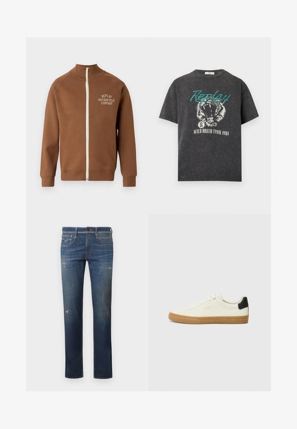 Chaqueta marrón con cremallera y cuello alzado, que presenta una cremallera crema y el logo "REPLAY MOTORCYCLE COMPANY" en beige claro en el pecho.; Camiseta negra lavada con texto en verde azulado "Replay", gráfico de un tigre rugiente y texto blanco "Wild Breed Tour 1981" abajo.; Jeans de mezclilla azul oscuro con pierna recta, que presentan áreas desgastadas, un ligero desvanecimiento y un diseño tradicional de cinco bolsillos con cierre de botón.; Zapatilla de lona blanca con suela de goma, acento negro en el talón, punta redonda y diseño con cordones. Presenta el logo de la marca en dorado en el lateral.