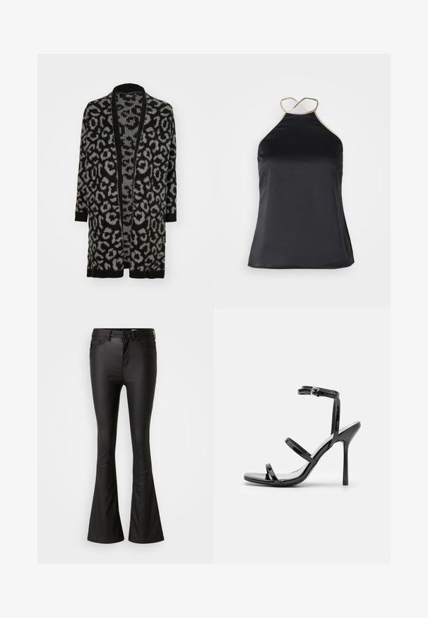 Sort og grå leopardprint cardigan med åben front, lange ærmer, ribbede kanter og en blød strikket tekstur.; NA-KD CONTRAST DETAILED - Top - black; Sorte flared jeans lavet af et blankt, glat materiale. Har høj talje, forlommer og en lynlås med knaplukning.; Sorte patentlæder højhælede sandaler med tre horisontale stropper og en justerbar ankelstrop. Elegant silhuet og skinnende finish.