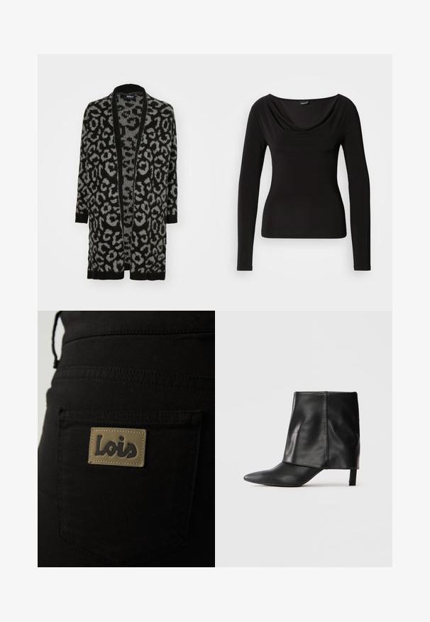 Sort og grå leopardprint cardigan med åben front, lange ærmer, ribbede kanter og en blød strikket tekstur.; Sort langærmet top med en draperet cowl-halsudskæring, lavet af blødt stof, med en tætsiddende design og minimale sømme for et glat udseende.; Sorte stofbukser med en baglomme, der har et brunt mærke prægede med "Lois" i mørk skrift. Syningerne er synlige.; Sort læderstøvle til midten af læggen med spids tå, foldet øvre skaft og slank lav hæl, der står på hvid baggrund.