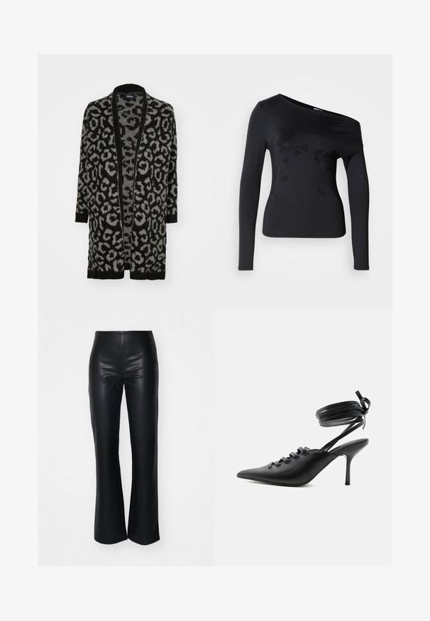 Sort og grå leopardprint cardigan med åben front, lange ærmer, ribbede kanter og en blød strikket tekstur.; Sort langærmet top med off-shoulder design, prydet med blomster mønstre lavet af rhinsten på forsiden. Glat, strækbart stof.; Sorte faux læder flared bukser med en glat tekstur, der har en tætsiddende talje og let flagrende ben, designet til at give en slank silhuet.; Sort spids sko med høje hæle, snørelukning foran og omlægning omkring anklerne bundet med sløjfe, vist fra siden på hvid baggrund.