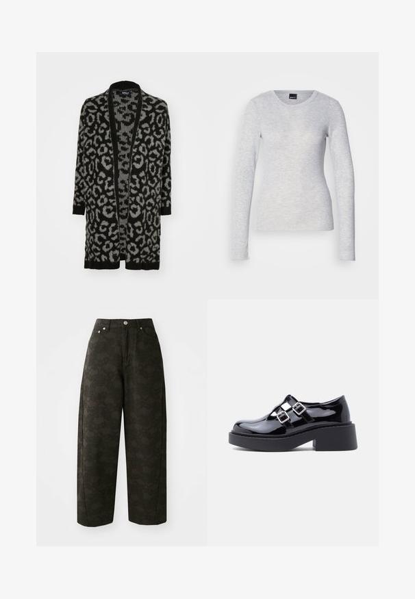 Zwarte en grijze luipaardprint cardigan met een open voorkant, lange mouwen, ribgebreide randen en een zachte brei-textuur.; Lange mouw grijze top gemaakt van lichtgewicht stof met een ronde halslijn en zachte textuur; heeft licht uitlopende manchetten.; Donkergroene wijde broek met een gestructureerd bloempatroon, vijf zakken en metalen knoopsluitingen in de taille.; Zwarte plateauplatformschoenen van lakleer met brede hak, open design en twee zilveren gespen over de wreef. Platte rubberen zool.
