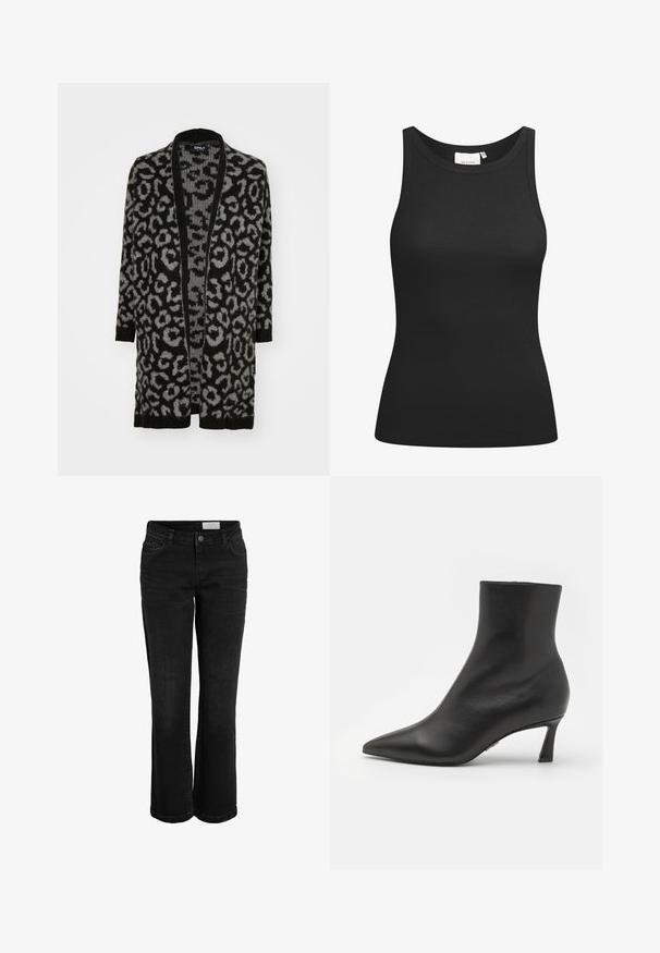 Sort og grå leopardprint cardigan med åben front, lange ærmer, ribbede kanter og en blød strikket tekstur.; Sort tanktop lavet af ribbet materiale, med en scooped halsudskæring og en tætsiddende form. Flade sømme og ingen udsmykninger. Enkel og strømlinet design.; Sorte denim jeans med en bred forneden, fem-lomme design og knaplukning. Har diskrete syninger og et klassisk taljebånd.; Steve Madden LULAH - Ankelstøvler - black