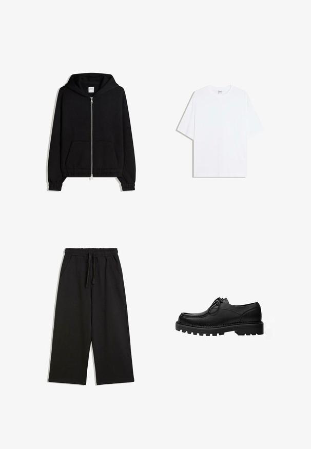 Sweat à capuche noir zippé avec poches avant, poignets et ourlet élastiques, et une petite étiquette visible à l'intérieur de l'encolure.; T-shirt oversize en coton blanc avec un col rond et des manches courtes ; texture lisse, sans motifs ni accents visibles.; Pantalons de survêtement larges noirs avec taille élastique et cordon de serrage, dotés de poches latérales et d'une coupe décontractée.; Chaussure noire en cuir à lacets avec une semelle épaisse et robuste et des coutures détaillées sur la tige, conçue pour un usage formel ou décontracté.