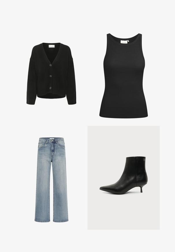Cardigan noir en tricot avec un col en V, fermeture à boutons sur le devant et poignets côtelés. Texture douce et coupe décontractée.; Débardeur noir en tissu côtelé, avec un décolleté en forme de rond et une coupe ajustée. Coutures plates et sans ornements. Design simple et épuré.; Jean large bleu clair en denim, doté d'une fermeture standard à boutons et zip, avec cinq poches et des coutures décoratives sur les coutures.; Bottine en cuir noir avec bout pointu et petit talon kitten sur fond clair, vue côté extérieur.