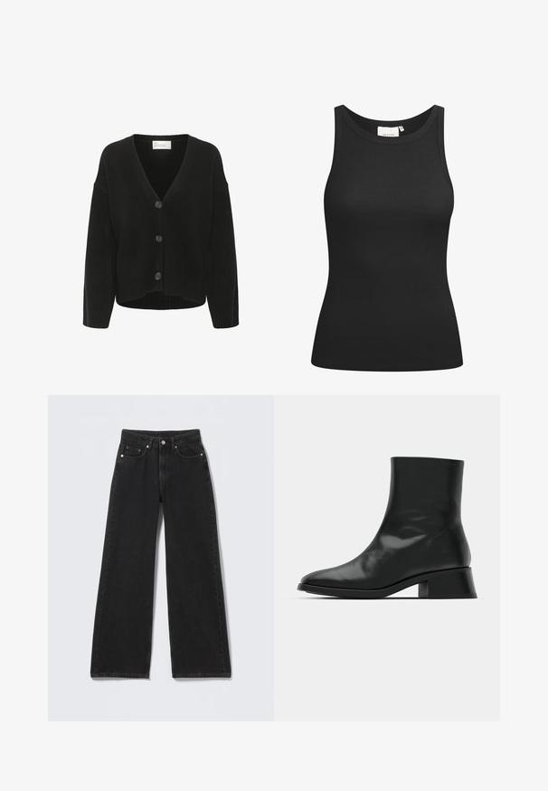 Sort strikket cardigan med V-hals, frontknaplukning og ribstrikkede manchetter. Blød tekstur og afslappet pasform.; Sort tanktop lavet af ribbet materiale, med en scooped halsudskæring og en tætsiddende form. Flade sømme og ingen udsmykninger. Enkel og strømlinet design.; Sorte højttaljede bredbenede jeans med knap- og lynlåslukning foran, bæltestropper og fem forlommer på en lys baggrund.; Sort ankelstøvle lavet af blank læder, med et strømlinet design, spids tå og en moderat blokhælhøjde for stabilitet.