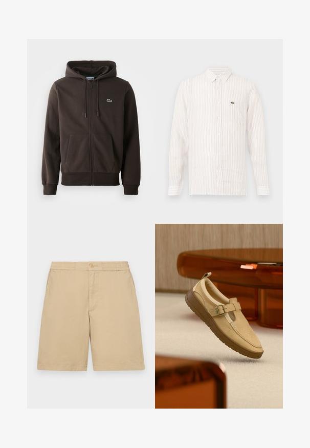 Bruine zip-up hoodie van zacht materiaal, met een capuchon, twee voorzakken en een klein groen krokodillenlogo op de borst.; Lichtgekleurde gestreepte shirt met lange mouwen, button-down kraag en een klein groen logo op de linkerkant van de borstzak. Katoenen materiaal.; Beige katoenen shorts met een normale pasvorm, elastische tailleband, knoopsluiting en zijzakken. Soepele textuur, knielang ontwerp.; Beige leren instapschoen met gespsluiting en bruine rubberen zool, zwevend boven een licht tapijtvloer en in de buurt van amberkleurig doorschijnend meubilair.