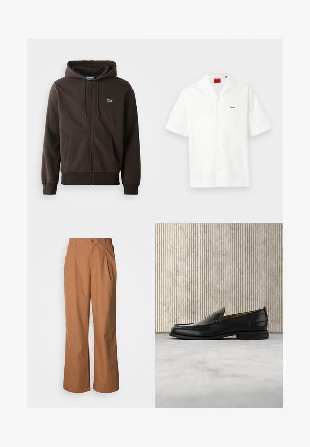Brun zip-up hoodie lavet af blødt stof, med hætte, to forlommer og et lille grønt krokodillelogo på brystet.; Hvid kortærmet skjorte med knapper og åben krave, lille "HUGO" logo på brystet og rød mærkeindvendig ved halsudskæringen.; Bukser med vide ben i et varmt brunt stof, med frontknaplukning, diskrete folder og en lige pasform for en afslappet komfort.; Sort læder herreloafer med krokodillepræget forstykke og lav hæl, vist i profil på en neutral baggrund.