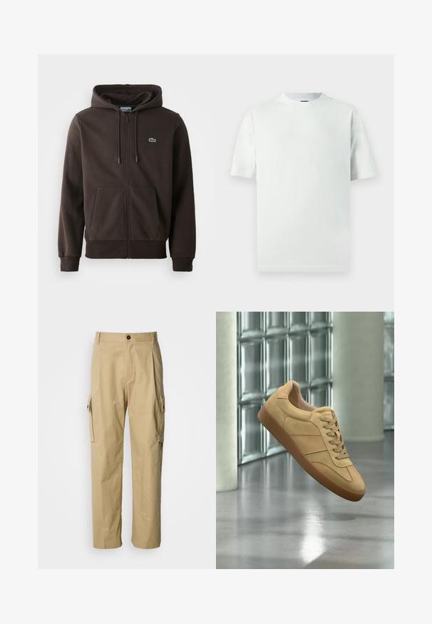 Brun zip-up hoodie lavet af blødt stof, med hætte, to forlommer og et lille grønt krokodillelogo på brystet.; Lysegrøn bomuldst-shirt med en afslappet pasform, korte ærmer og en ribstrikket rund halsudskæring. Ingen mønstre eller yderligere detaljer.; Beige cargobukser lavet af holdbart stof, med løs pasform, sidelommer og knaplukning i taljen.; Beige ruskind sneaker med gummisål, snørelukning, svæver indendørs på poleret betongulv nær glasblokvæg.