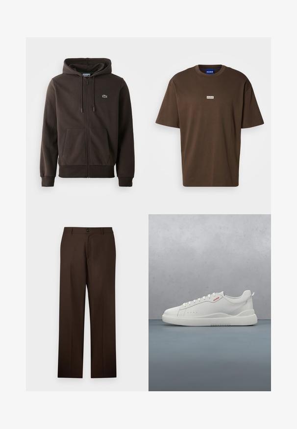 Brun zip-up hoodie lavet af blødt stof, med hætte, to forlommer og et lille grønt krokodillelogo på brystet.; Brun bomuld T-shirt med korte ærmer og rund hals. Har en lille hvid rektangulær logo med "HUGO" på fronten.; Brune, skræddersyede bukser med lige ben-design, knaplukning og glat stoftekstur. Ingen synlige mønstre eller accenter.; Hvide sneakers med en glat læderfinish, rund tå, fire snørehuller, subtile perforeringer og en rød logo detalje på siden.