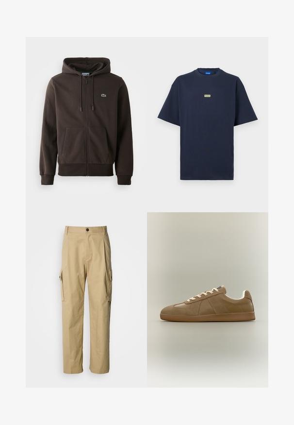 Brun zip-up hoodie lavet af blødt stof, med hætte, to forlommer og et lille grønt krokodillelogo på brystet.; Marineblå T-shirt med korte ærmer og et lille beige rektangulært logo med teksten "HUGO" centreret på brystet.; Beige cargobukser lavet af holdbart stof, med løs pasform, sidelommer og knaplukning i taljen.; Lavtop brun sneaker med ruskind- og læderpaneler, cremefarvede snørebånd og en flad gummisål, vist i sideprofil på neutral baggrund.