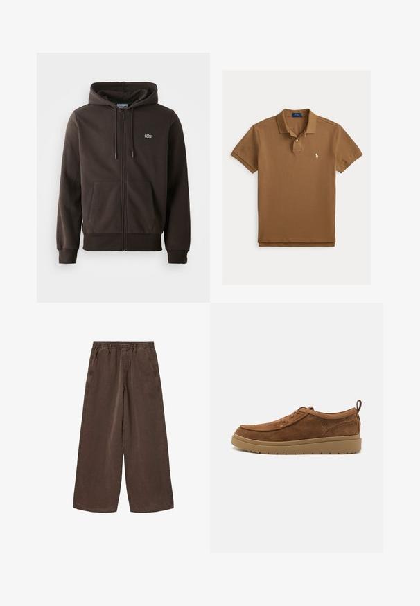 Brun zip-up hoodie lavet af blødt stof, med hætte, to forlommer og et lille grønt krokodillelogo på brystet.; Brun polo i struktureret bomuld med to-knaps åbning og lille broderet logo på venstre bryst. Korte ærmer.; Brune bukser med vidde og elastisk talje samt sidelommer, lavet af blødt, afslappet stof.; Brune suede sneakers med en rund tå, minimal snøring, en polstret krave og en gummisål. Har en løkke ved hælen for nem påtagning.