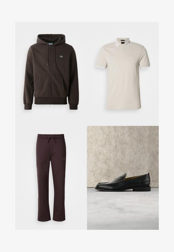 Bruine zip-up hoodie van zacht materiaal, met een capuchon, twee voorzakken en een klein groen krokodillenlogo op de borst.; Beige poloshirt van katoen, met een witte kraag, korte mouwen en een getextureerd logoplaatje op de borst.; Donkerbruine joggingbroek met een elastische tailleband, trekkoord, zijzakken en een "HUGO"-logo op het linkerbeen. Zachte textuur.; Zwarte leren herenslipper met een krokodillen-embossed voorblad en een lage hak, zij-aanzicht op een neutrale achtergrond.